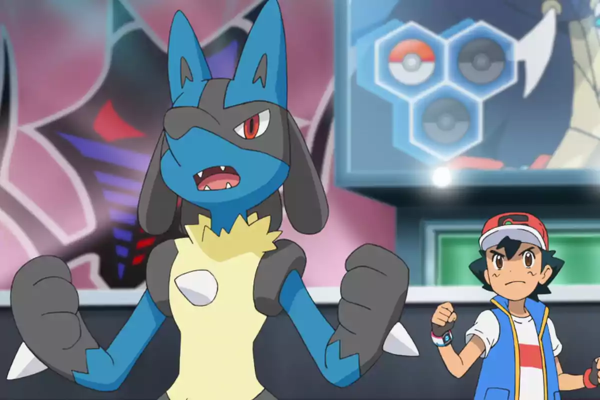 An anime character with a cap and vest observes a blue and yellow Pokémon with a determined expression in a battle setting.