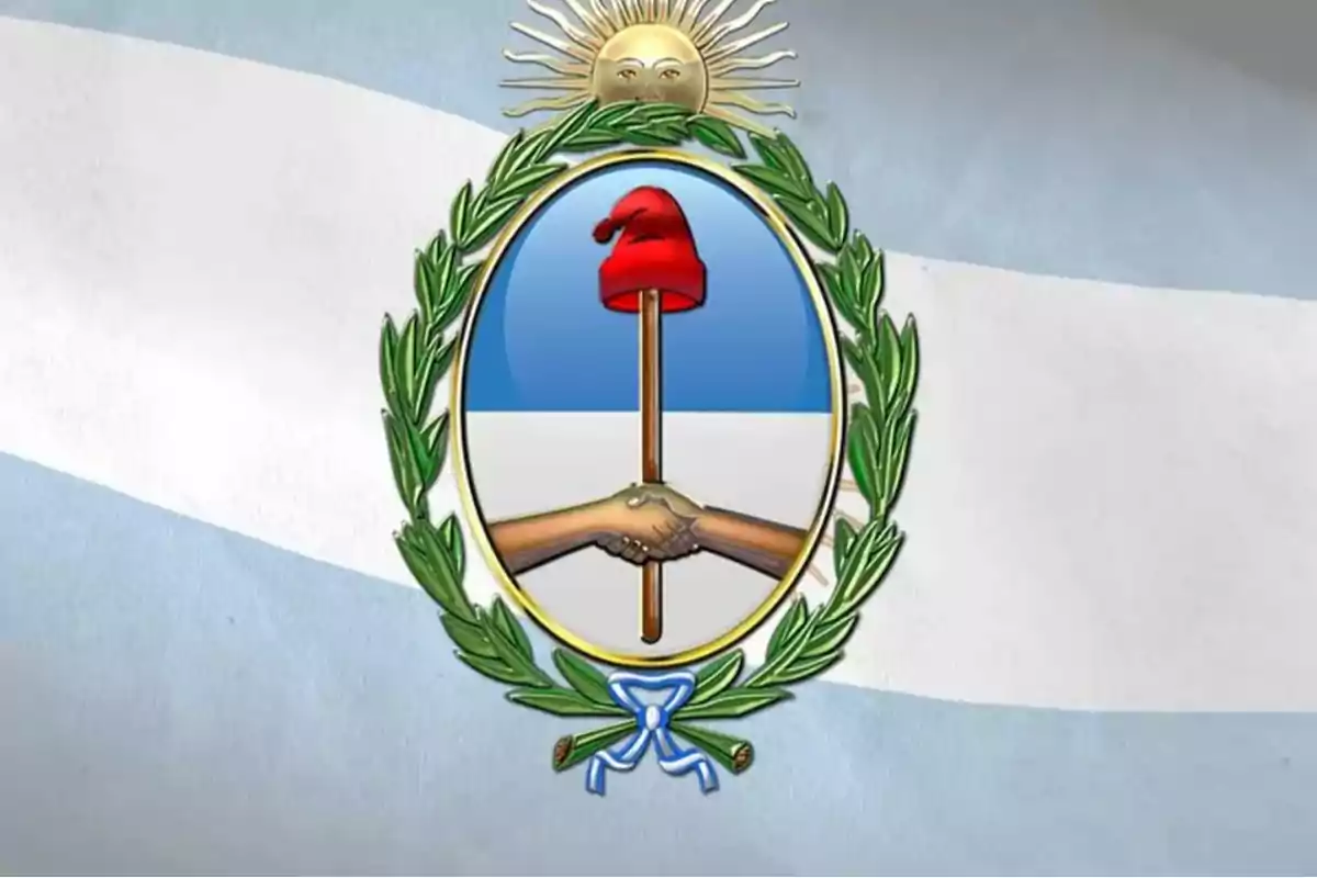 Escudo de Argentina con fondo de la bandera nacional.