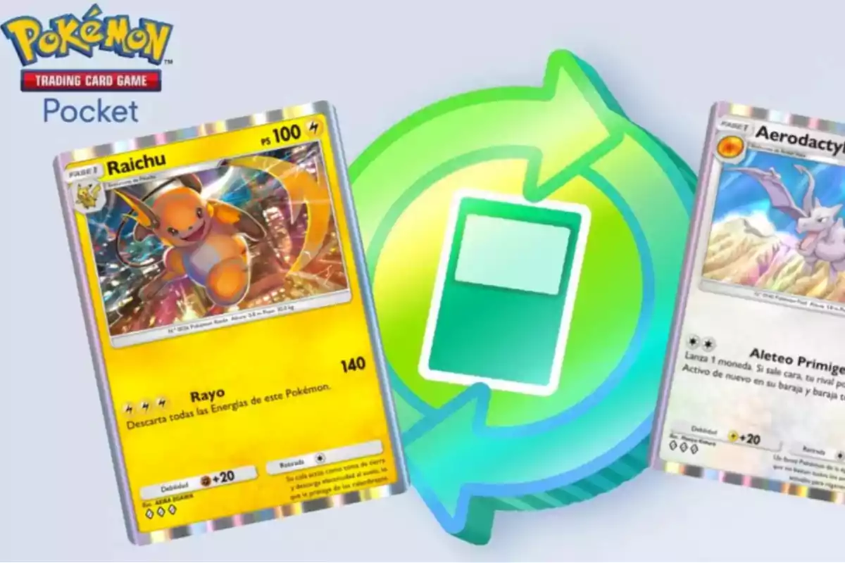 Imagen de cartas del juego de cartas coleccionables de Pokémon, mostrando a Raichu y Aerodactyl, con un diseño de flechas verdes y azules en el fondo.