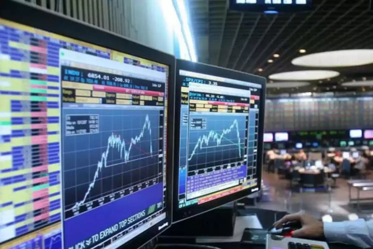 Computer screens displaying financial charts in a trading room.