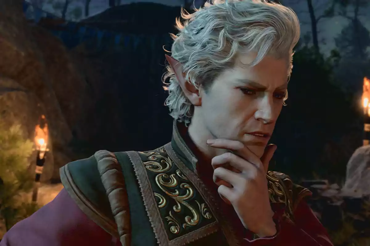 A fantasy character with pointy ears and curly blonde hair is thoughtful in a dark setting lit by torches.