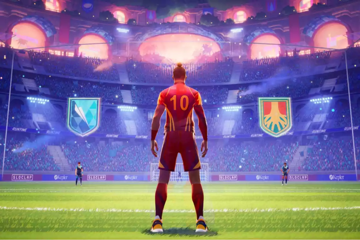 Un jugador de fútbol con el número 10 en su camiseta está de pie en un estadio lleno de espectadores, mirando hacia el campo iluminado y listo para el juego. Un jugador de fútbol con el número 10 en su camiseta está de pie en un estadio lleno de espectadores, mirando hacia el campo iluminado y listo para el juego.