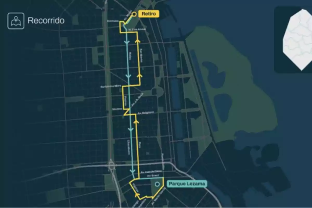 Mapa de un recorrido en la ciudad que va desde Retiro hasta Parque Lezama, mostrando calles y direcciones con flechas amarillas y azules. Mapa de un recorrido en la ciudad que va desde Retiro hasta Parque Lezama, mostrando calles y direcciones con flechas amarillas y azules.