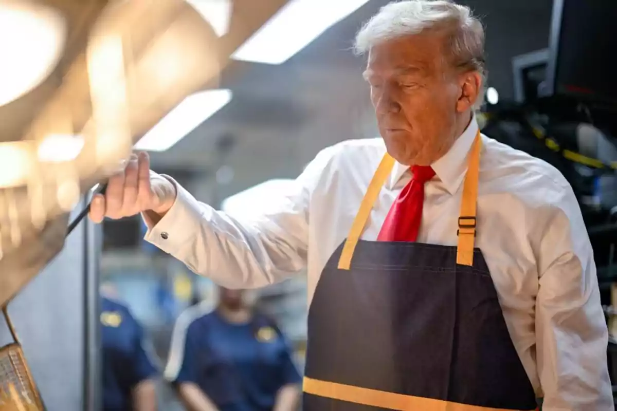A man with an apron and a red tie is cooking in an industrial kitchen. A man with an apron and a red tie is cooking in an industrial kitchen.