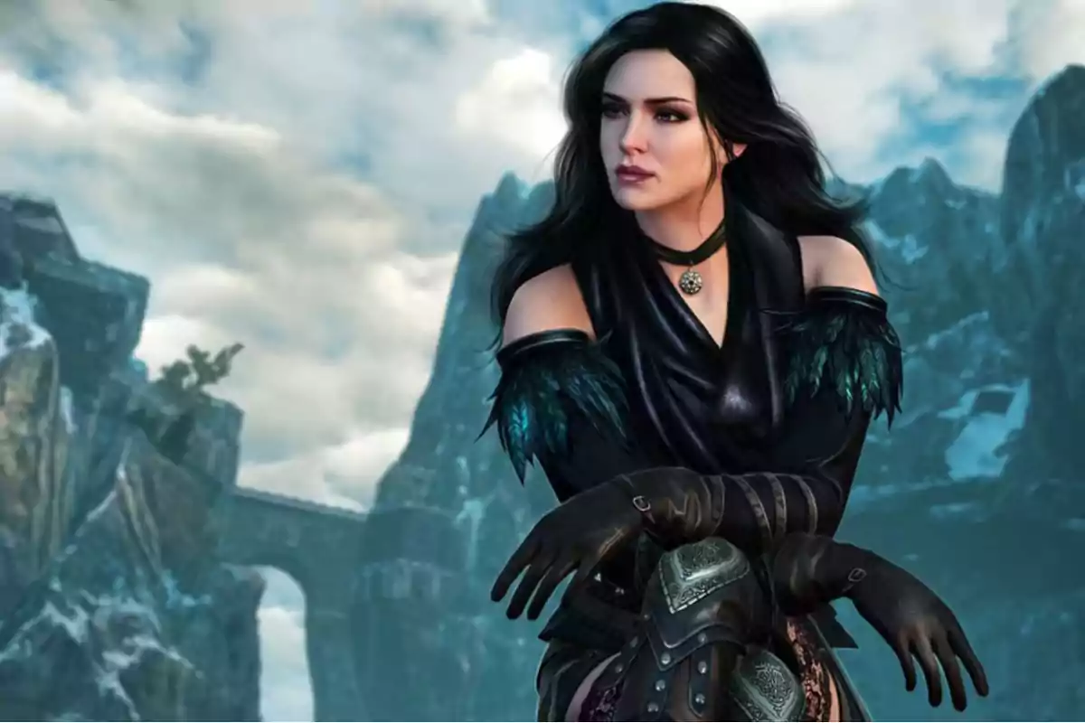 Dark-haired woman in black clothing and brown gloves in a snowy mountainous landscape. Dark-haired woman in black clothing and brown gloves in a snowy mountainous landscape.