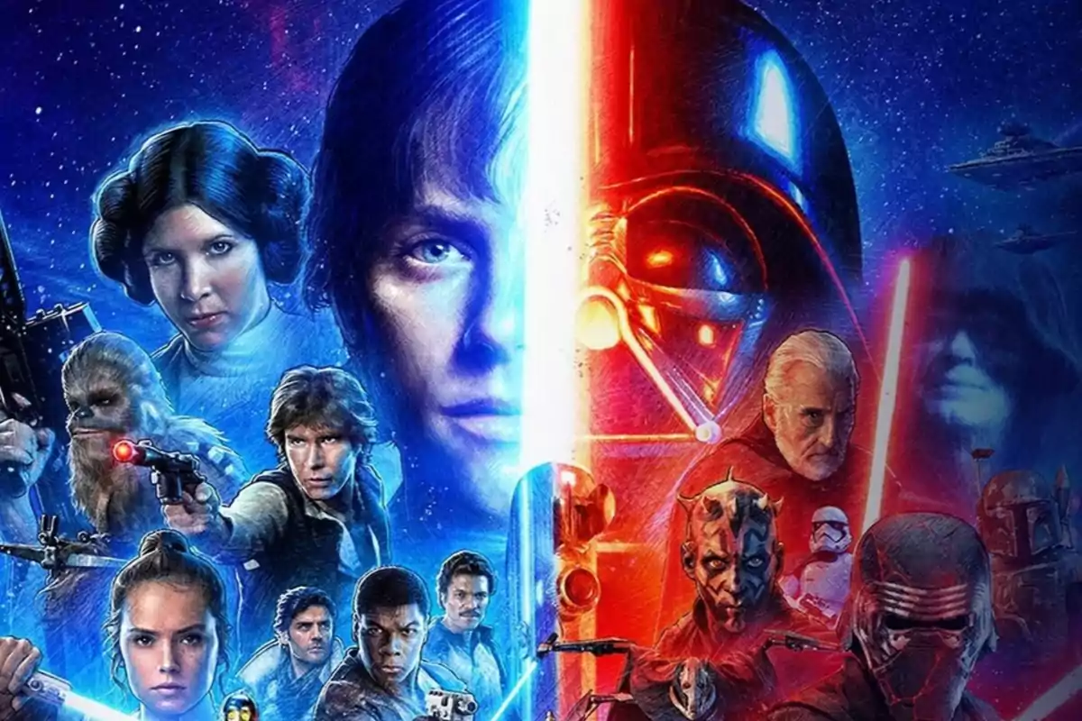 An illustration of characters from a famous science fiction saga, divided into two sides with a lightsaber in the center, showing heroes and villains against a starry background.