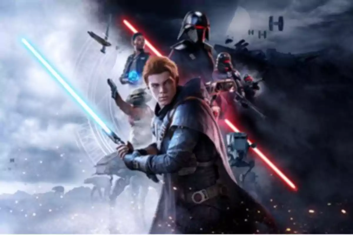 Science fiction characters with light swords in a futuristic and dark setting. Science fiction characters with light swords in a futuristic and dark setting.