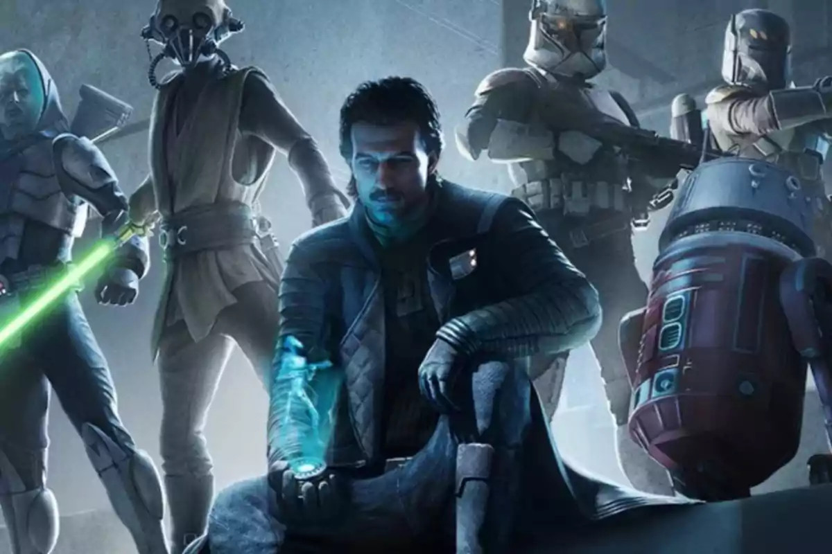 A group of science fiction characters in futuristic outfits and a droid, one of them holding a blue hologram. A group of science fiction characters in futuristic outfits and a droid, one of them holding a blue hologram.