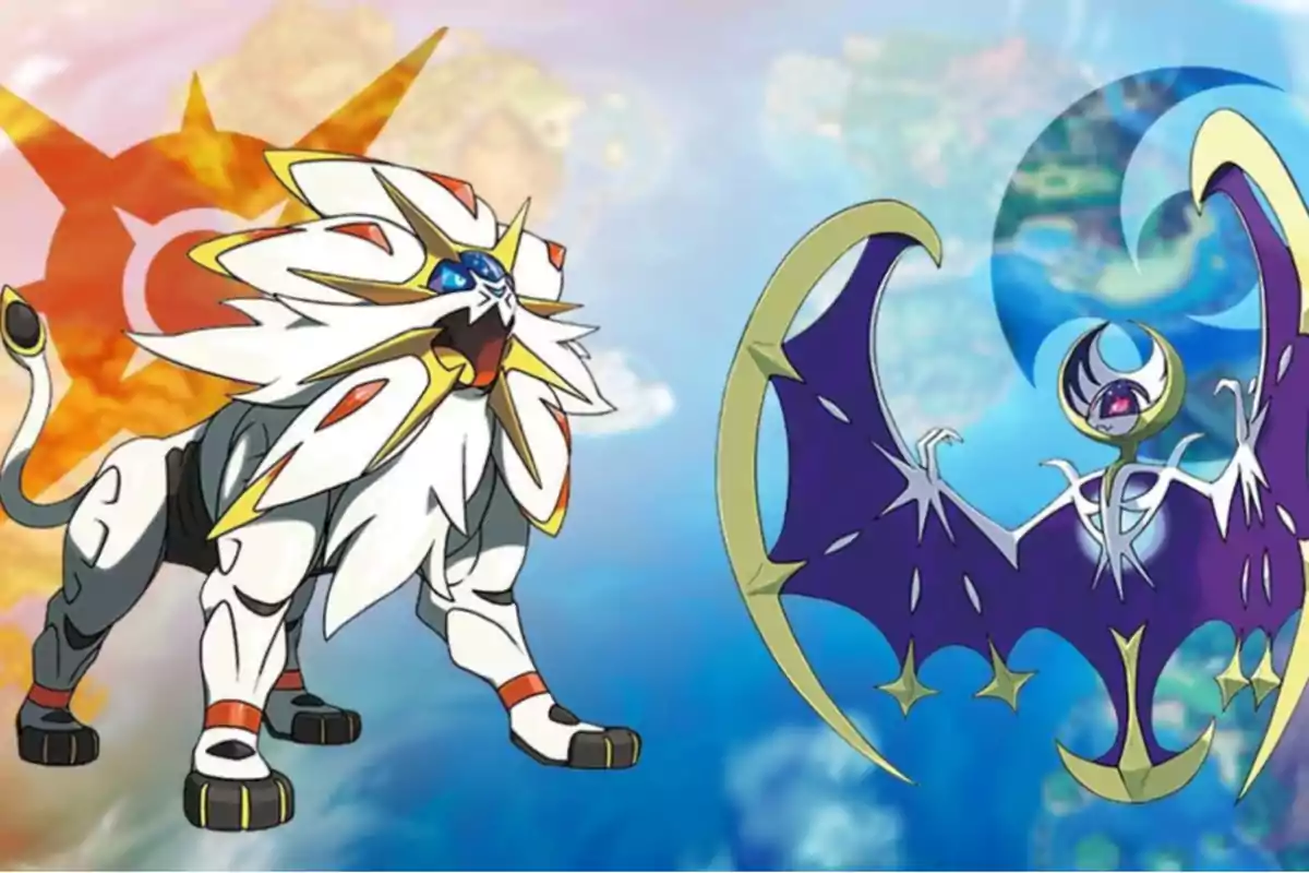 Dos criaturas fantásticas, una con forma de león blanco con detalles dorados y otra con forma de murciélago púrpura, se enfrentan en un fondo que combina elementos de sol y luna. Dos criaturas fantásticas, una con forma de león blanco con detalles dorados y otra con forma de murciélago púrpura, se enfrentan en un fondo que combina elementos de sol y luna.