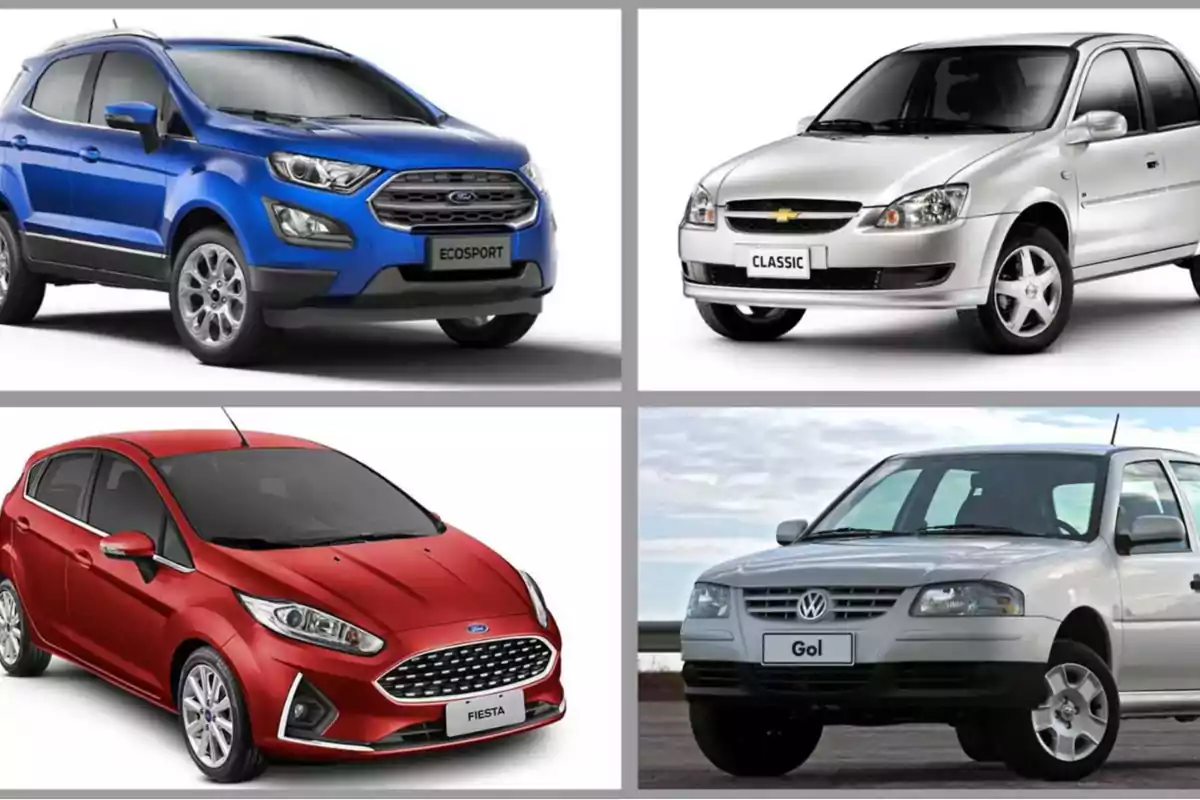 Cuatro automóviles de diferentes modelos y colores están dispuestos en un collage, mostrando un SUV azul, un sedán plateado, un hatchback rojo y un sedán compacto gris. Cuatro automóviles de diferentes modelos y colores están dispuestos en un collage, mostrando un SUV azul, un sedán plateado, un hatchback rojo y un sedán compacto gris.