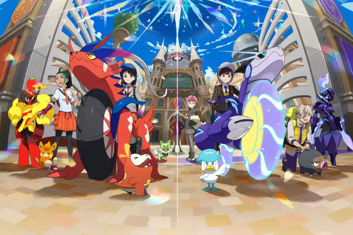 Un grupo de personajes de anime con criaturas coloridas y fantásticas en un entorno urbano con un edificio de fondo y un cielo azul brillante. Un grupo de personajes de anime con criaturas coloridas y fantásticas en un entorno urbano con un edificio de fondo y un cielo azul brillante.