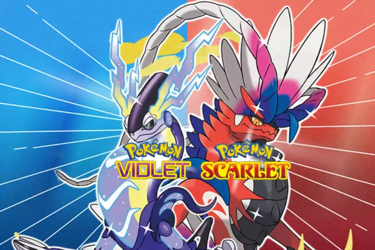 Dos criaturas de Pokémon con fondo azul y rojo y el texto "Pokémon Violet Scarlet" en el centro.