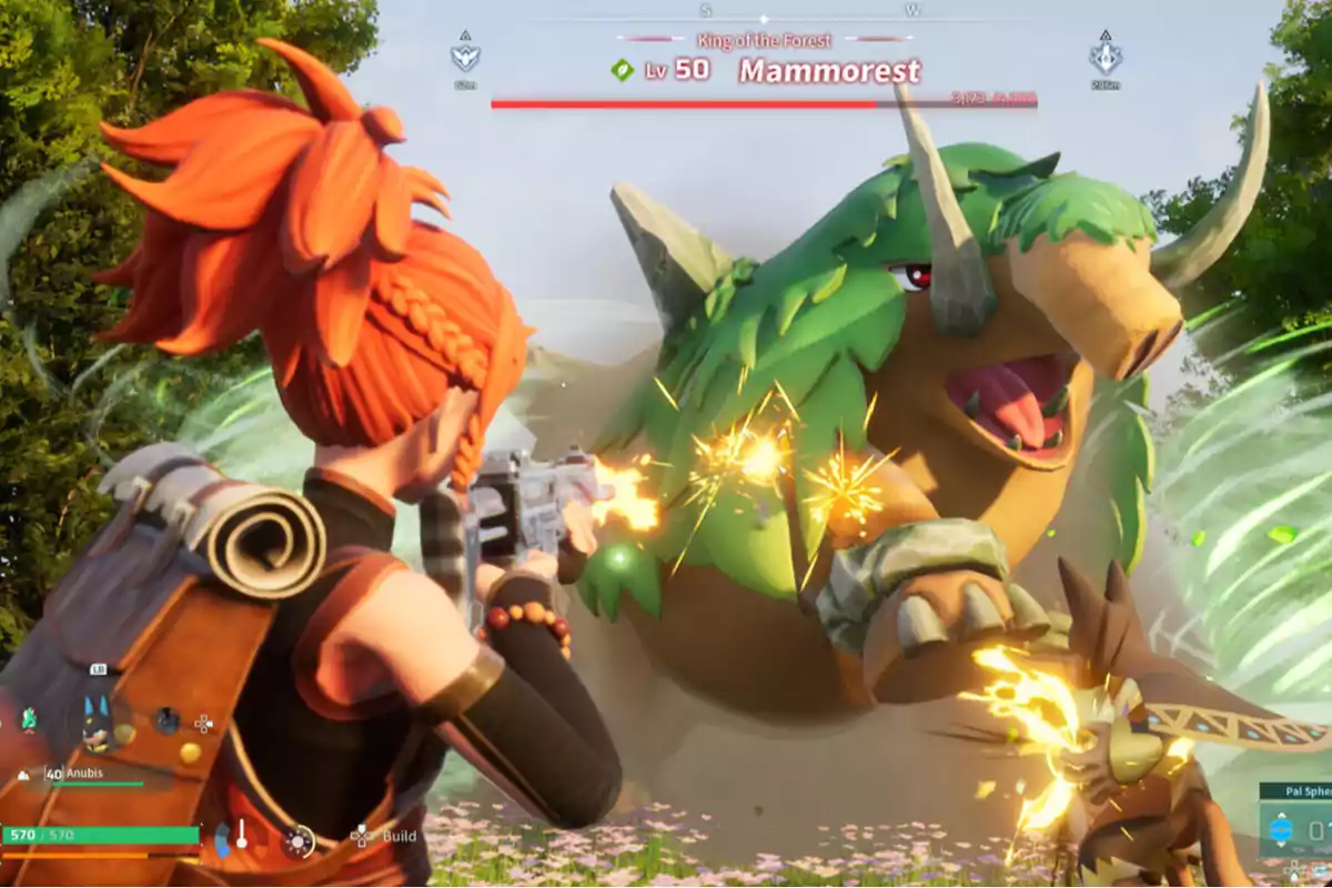 Una escena de un videojuego muestra a un personaje con cabello rojo disparando a una criatura grande y verde llamada Mammorest, que tiene cuernos y parece estar en un entorno de bosque. Una escena de un videojuego muestra a un personaje con cabello rojo disparando a una criatura grande y verde llamada Mammorest, que tiene cuernos y parece estar en un entorno de bosque.