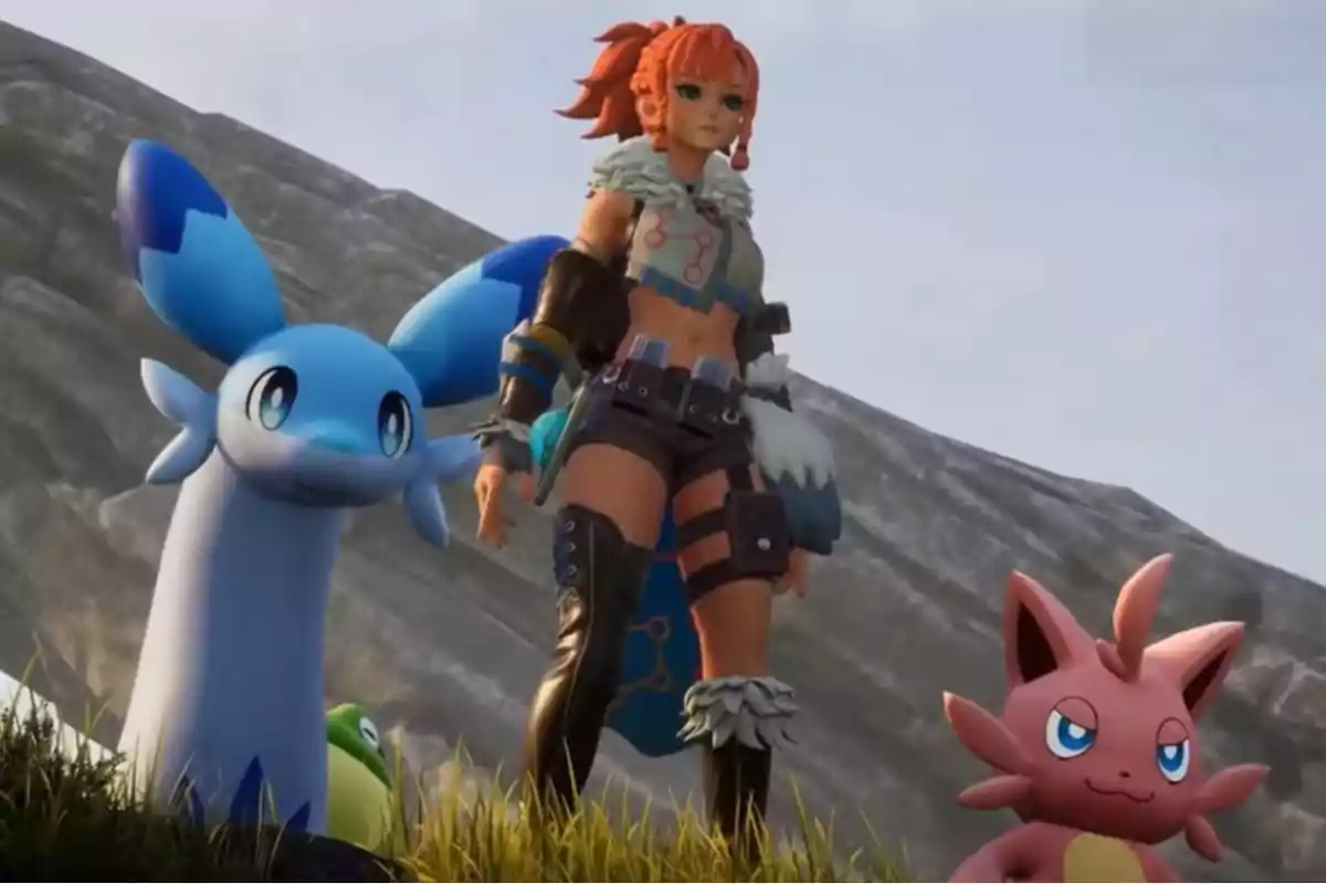 Una figura femenina con cabello naranja y atuendo aventurero está de pie en un paisaje montañoso acompañada de criaturas coloridas y fantásticas.