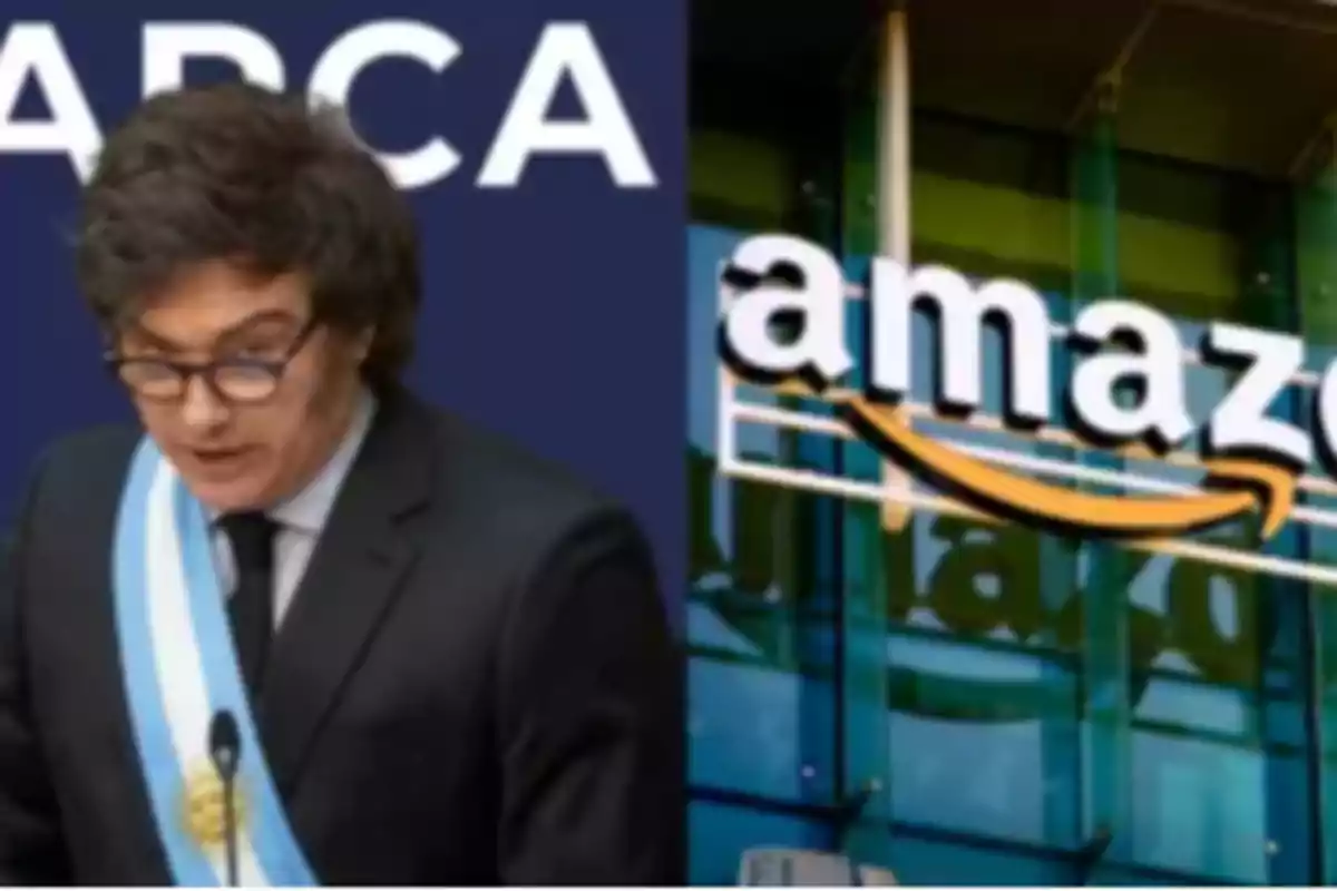 Un hombre con gafas y una banda presidencial habla frente a un micrófono, junto a un edificio con el logo de Amazon. Un hombre con gafas y una banda presidencial habla frente a un micrófono, junto a un edificio con el logo de Amazon.