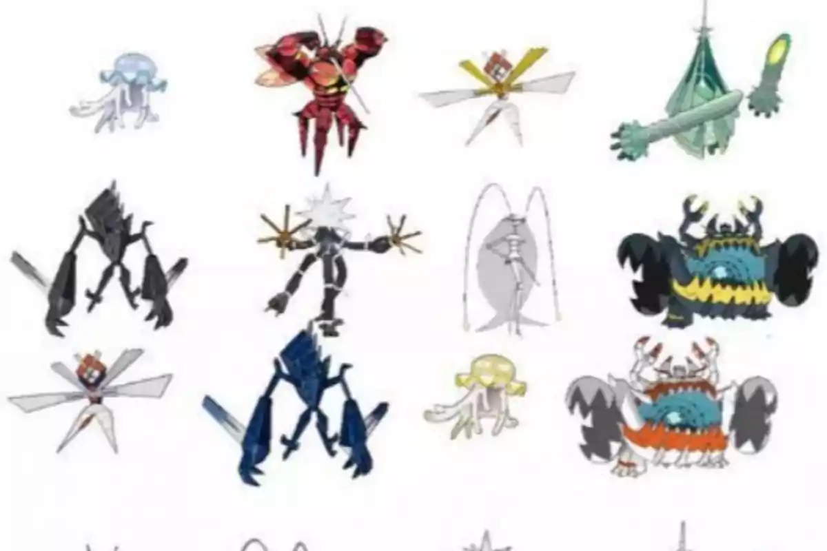 Una colección de criaturas de diseño variado con formas y colores distintos, algunas con apariencia de insectos, otras con formas geométricas y otras con características de animales marinos. Una colección de criaturas de diseño variado con formas y colores distintos, algunas con apariencia de insectos, otras con formas geométricas y otras con características de animales marinos.