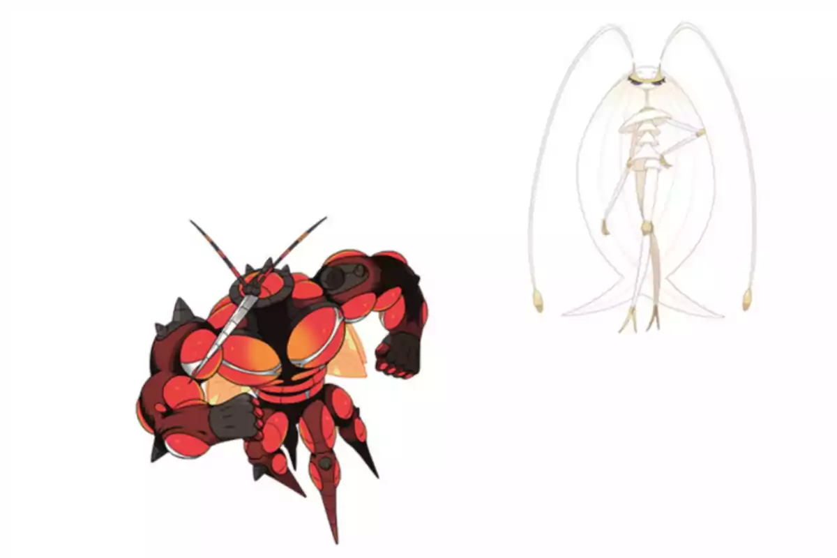 Dos criaturas de diseño estilizado, una con apariencia de insecto musculoso en tonos rojos y negros y otra con figura esbelta y elegante en tonos blancos y dorados. Dos criaturas de diseño estilizado, una con apariencia de insecto musculoso en tonos rojos y negros y otra con figura esbelta y elegante en tonos blancos y dorados.
