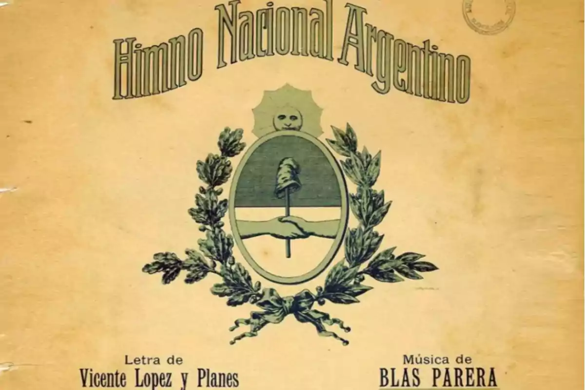 Portada antigua del Himno Nacional Argentino con el escudo nacional y los nombres de los autores de la letra y la música.
