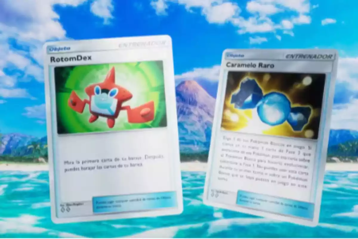 Dos cartas de Pokémon TCG, una de RotomDex y otra de Caramelo Raro, con un fondo de paisaje tropical.