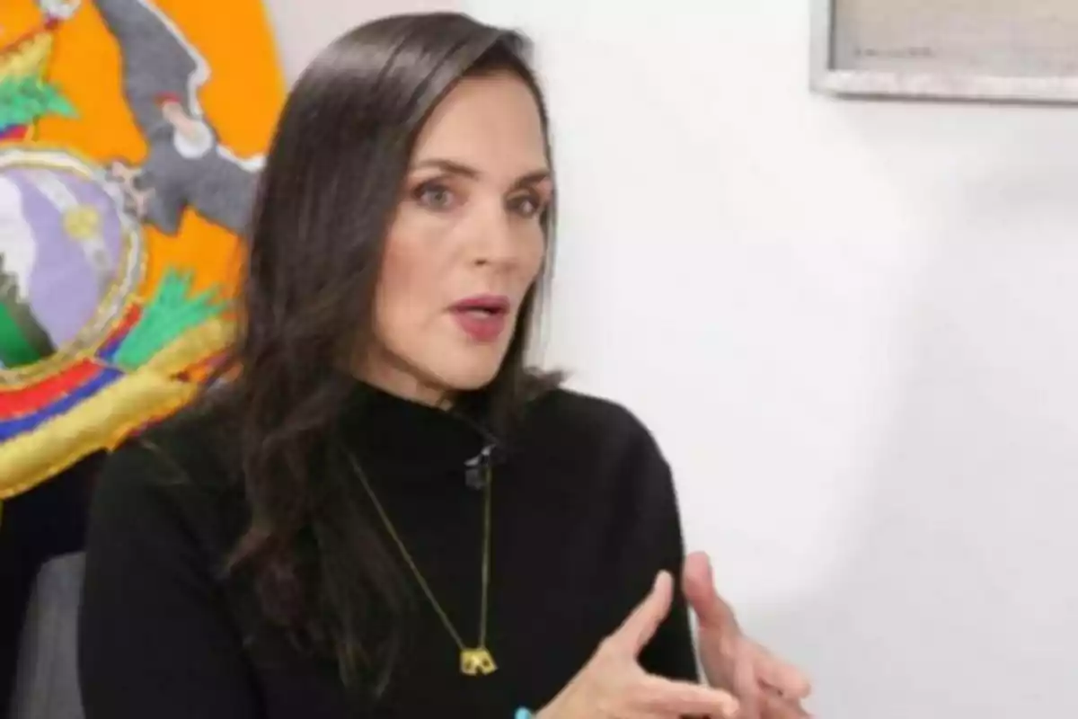 Una persona con cabello oscuro y suelto, vestida de negro, gesticula mientras habla; al fondo se ve una bandera con un escudo colorido.