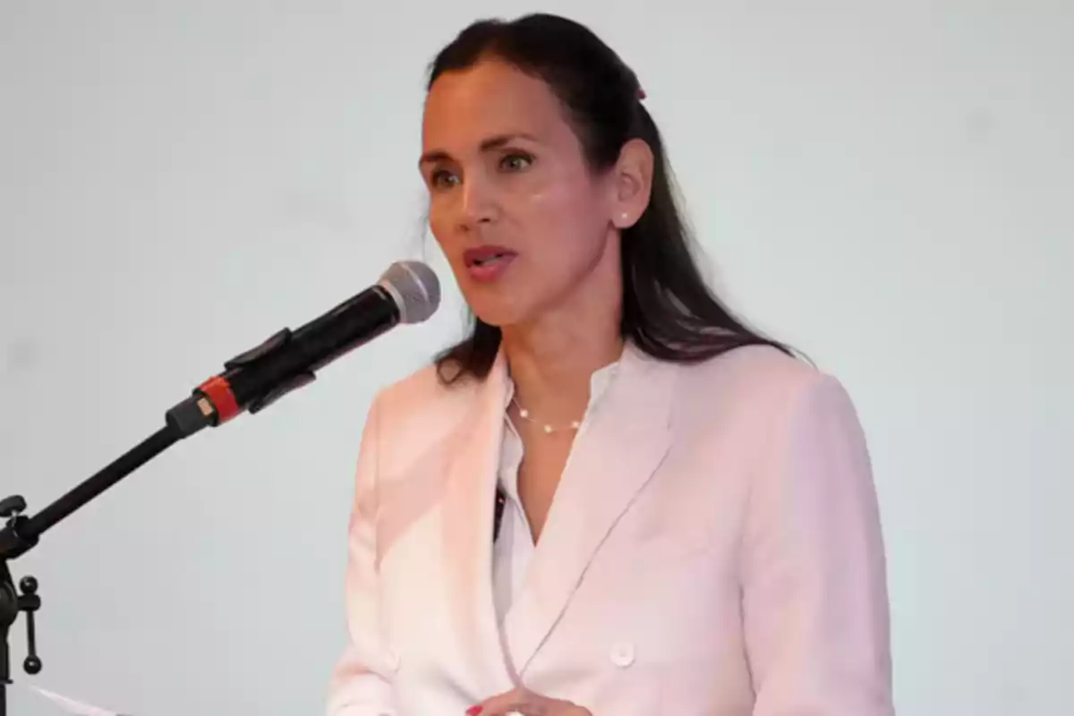 Una mujer con cabello oscuro y traje claro habla frente a un micrófono. Una mujer con cabello oscuro y traje claro habla frente a un micrófono.