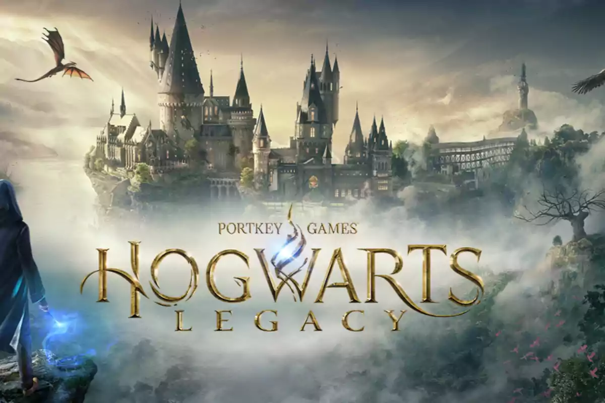 Portada del videojuego "Hogwarts Legacy" mostrando un castillo mágico en un paisaje brumoso con un dragón volando y un personaje con capa y varita.