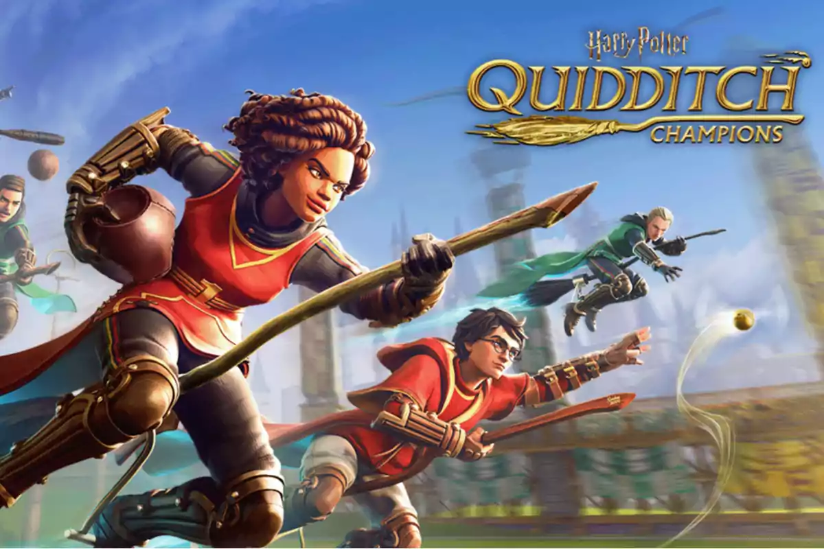 Jugadores de Quidditch volando en escobas en un campo, con uno de ellos sosteniendo una pelota y otros persiguiendo una pequeña esfera dorada. Jugadores de Quidditch volando en escobas en un campo, con uno de ellos sosteniendo una pelota y otros persiguiendo una pequeña esfera dorada.