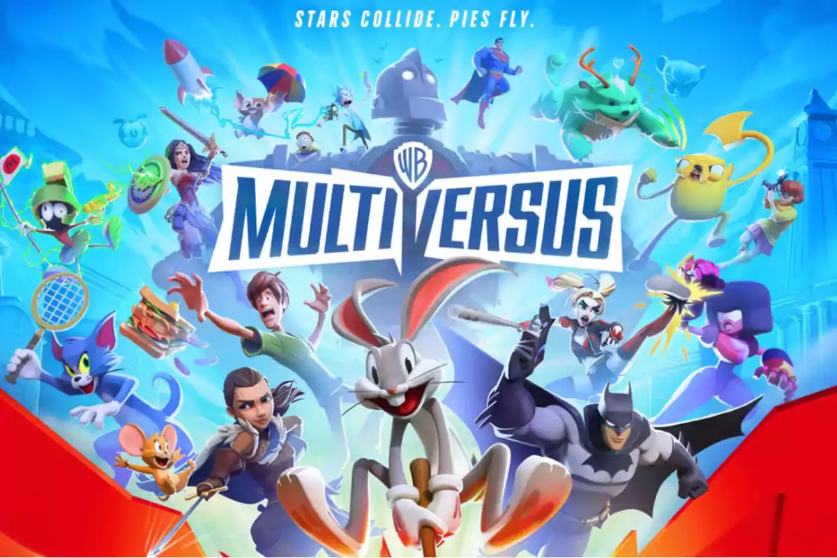 Cartel promocional del videojuego Multiversus con varios personajes animados de diferentes franquicias en un fondo azul. Cartel promocional del videojuego Multiversus con varios personajes animados de diferentes franquicias en un fondo azul.