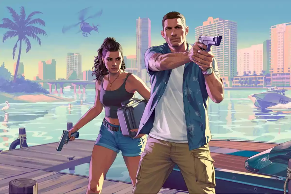 Dos personajes armados en un muelle con un fondo de ciudad y un helicóptero en el cielo.