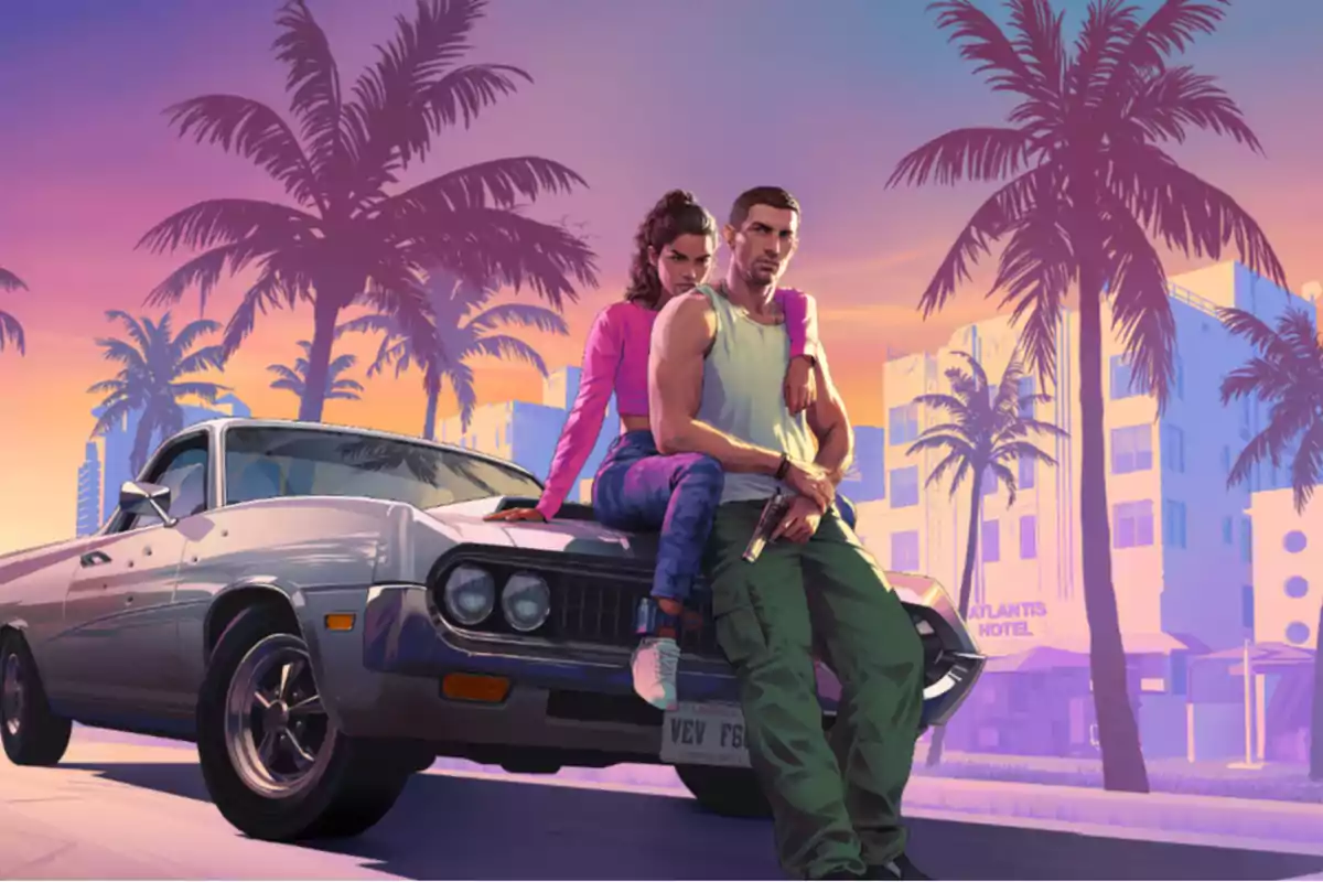 Una pareja posando sobre un auto clásico con un fondo de palmeras y edificios al atardecer. Una pareja posando sobre un auto clásico con un fondo de palmeras y edificios al atardecer.