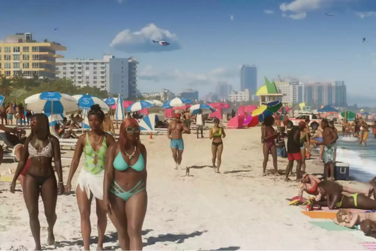 Una playa concurrida con personas disfrutando del sol y el mar, rodeadas de sombrillas coloridas y edificios al fondo. Una playa concurrida con personas disfrutando del sol y el mar, rodeadas de sombrillas coloridas y edificios al fondo.