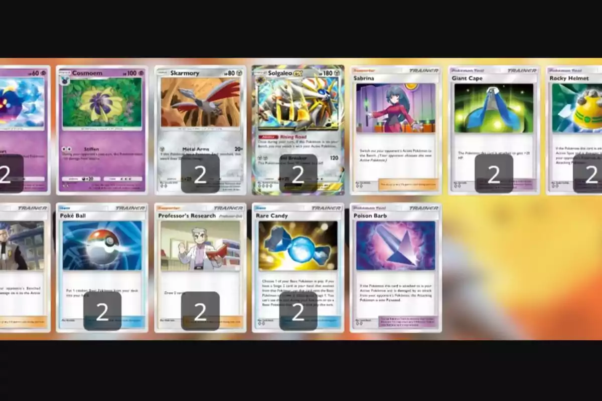 La imagen muestra una colección de cartas de Pokémon, incluyendo cartas de Pokémon como Cosmoem, Skarmory y Solgaleo GX, así como cartas de entrenador como Sabrina, Poké Ball y Professor's Research, todas dispuestas en una cuadrícula sobre un fondo amarillo. La imagen muestra una colección de cartas de Pokémon, incluyendo cartas de Pokémon como Cosmoem, Skarmory y Solgaleo GX, así como cartas de entrenador como Sabrina, Poké Ball y Professor's Research, todas dispuestas en una cuadrícula sobre un fondo amarillo.
