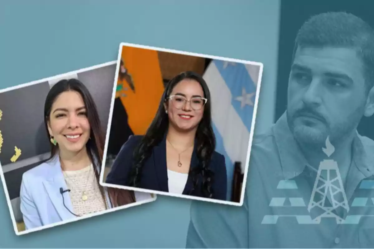 Tres personas en un collage, dos mujeres en primer plano y un hombre en segundo plano con un filtro azul.