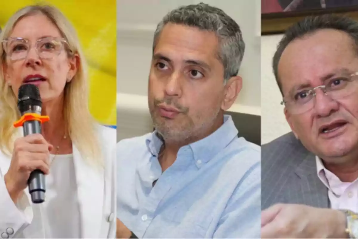 Tres personas en una imagen compuesta, una mujer con gafas y micrófono a la izquierda, un hombre con camisa azul en el centro y otro hombre con gafas y traje a la derecha.
