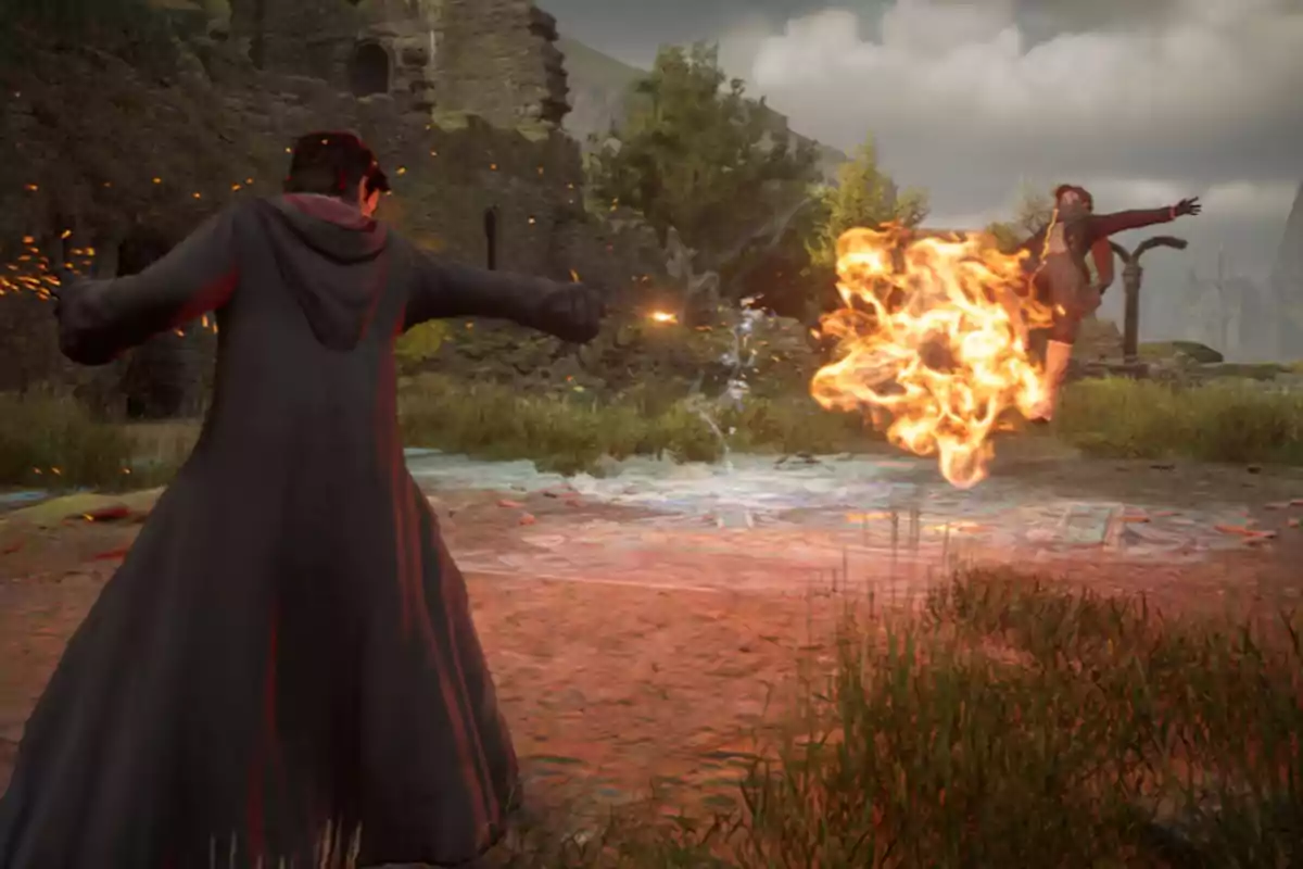 Un personaje con capa lanza un hechizo de fuego hacia otro personaje en un entorno de ruinas y naturaleza. Un personaje con capa lanza un hechizo de fuego hacia otro personaje en un entorno de ruinas y naturaleza.