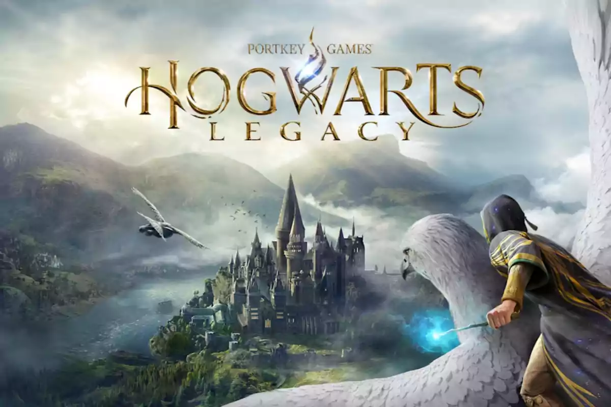 Portada del videojuego Hogwarts Legacy mostrando un castillo en un paisaje montañoso con un personaje montando una criatura alada.