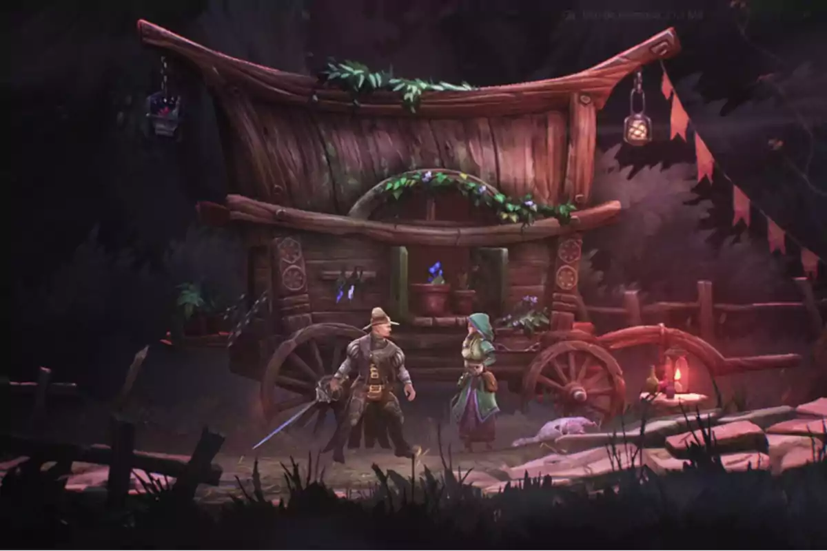 A fantasy-style illustration shows two characters, a man with a hat and sword and a woman with a green hood, conversing in front of a wooden cart decorated with plants and lights in a wooded setting. A fantasy-style illustration shows two characters, a man with a hat and sword and a woman with a green hood, conversing in front of a wooden cart decorated with plants and lights in a wooded setting.