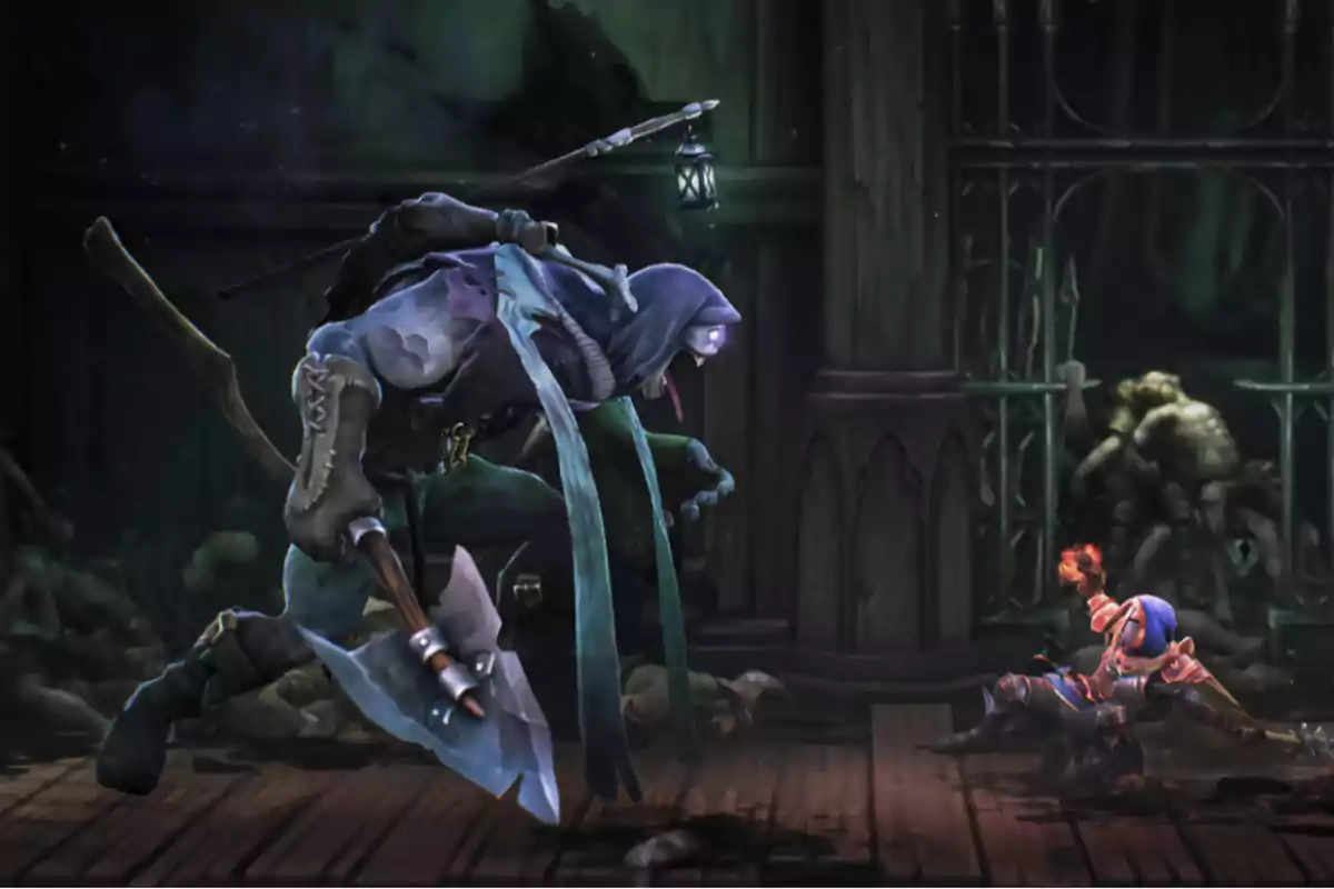 A hooded warrior armed with an axe confronts a fallen knight in a dark and gothic setting. A hooded warrior armed with an axe confronts a fallen knight in a dark and gothic setting.