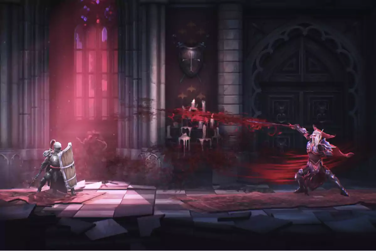 A knight with armor and shield faces a warrior in red armor who launches a magical attack in a dark castle illuminated by a red light.