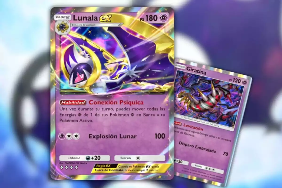 Two Pokémon cards, one of Lunala ex and another of Giratina, with details of abilities and attacks on a colorful background.