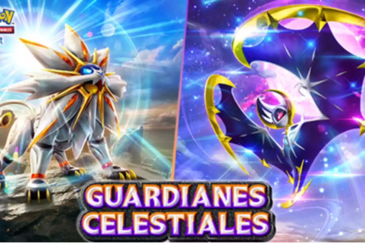 Two legendary creatures in a cosmic setting with the text Two legendary creatures in a cosmic setting with the text