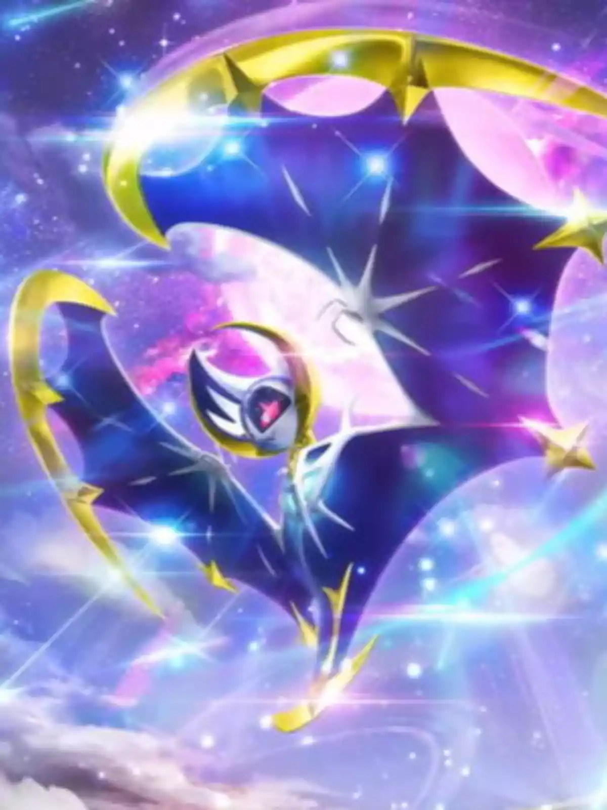 A winged creature shaped like a bat with golden and blue details on a starry and colorful background. A winged creature shaped like a bat with golden and blue details on a starry and colorful background.