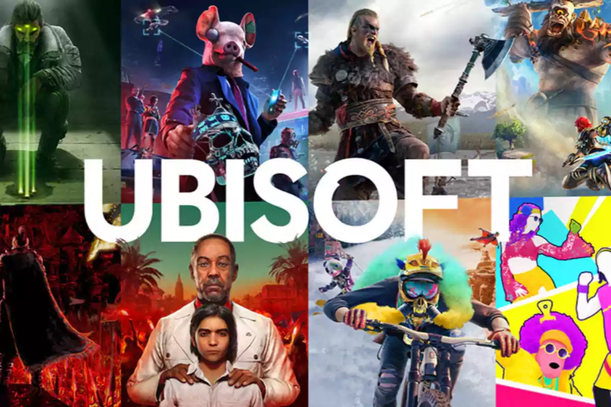 A collage of Ubisoft video game characters with the company logo in the center.