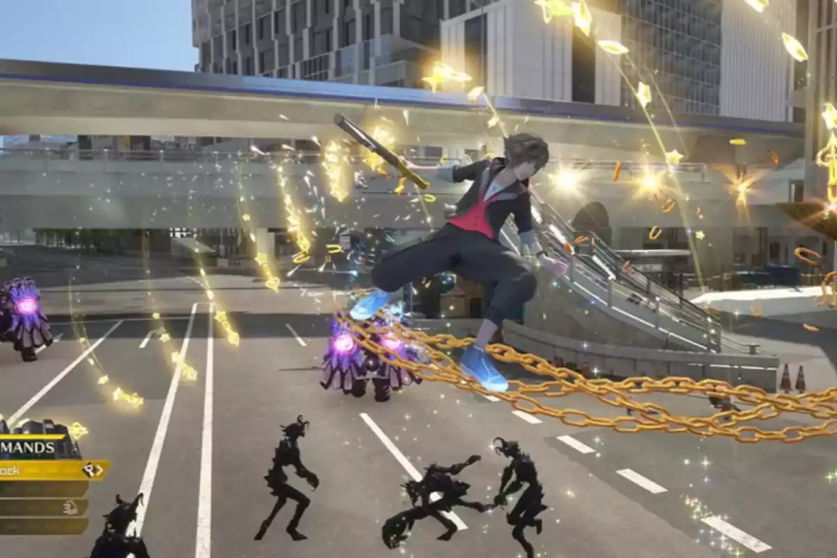 Un personaje de videojuego realiza un ataque acrobático en una calle urbana, rodeado de efectos visuales brillantes y enemigos oscuros. Un personaje de videojuego realiza un ataque acrobático en una calle urbana, rodeado de efectos visuales brillantes y enemigos oscuros.