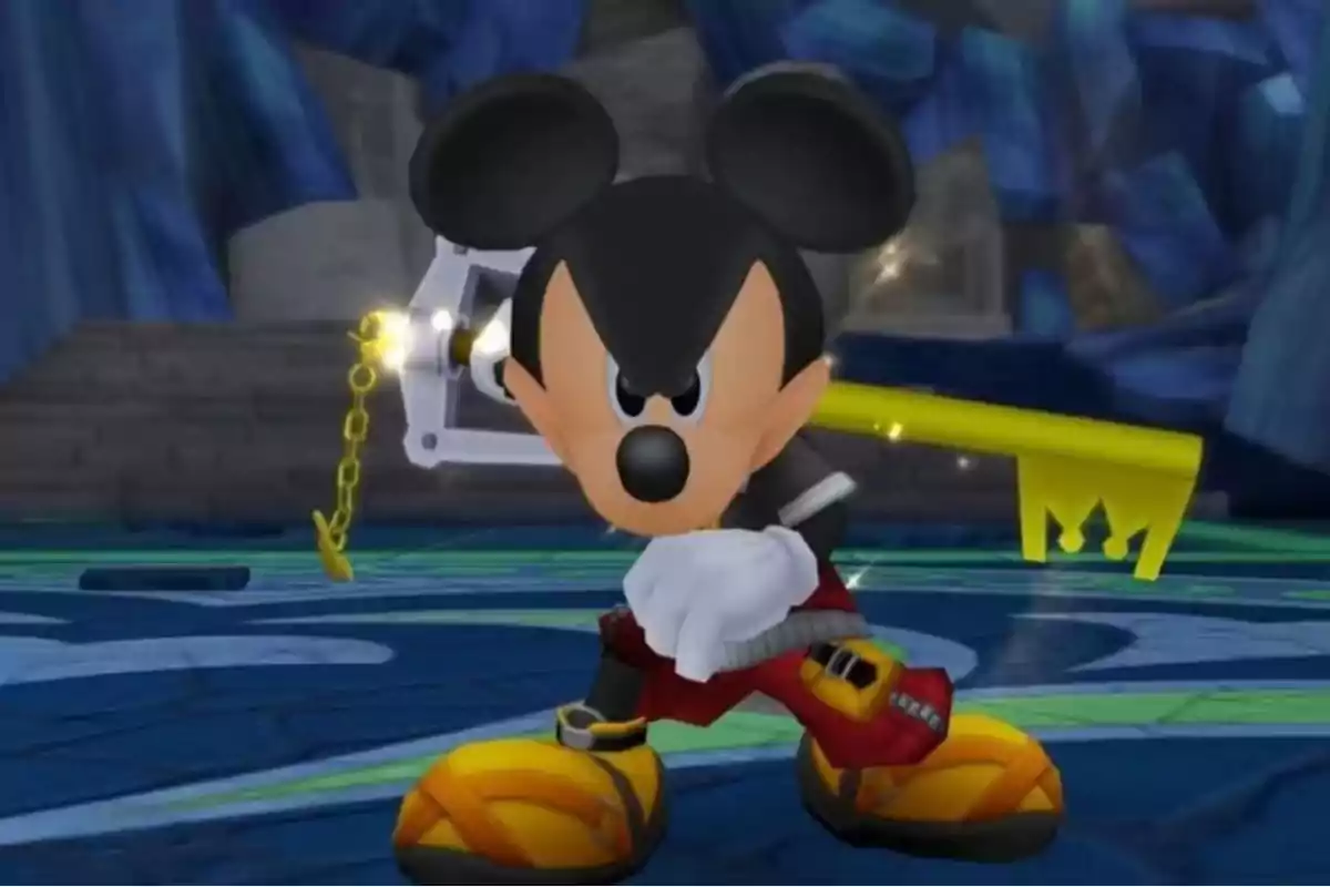 An animated character with big, round ears holds a large golden key in a fantasy setting.