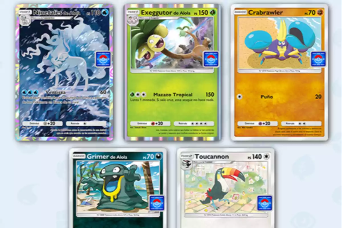 The image shows five Pokémon cards with different creatures: Alolan Ninetales, Alolan Exeggutor, Crabrawler, Alolan Grimer, and Toucannon, each with its own unique design and characteristics. The image shows five Pokémon cards with different creatures: Alolan Ninetales, Alolan Exeggutor, Crabrawler, Alolan Grimer, and Toucannon, each with its own unique design and characteristics.