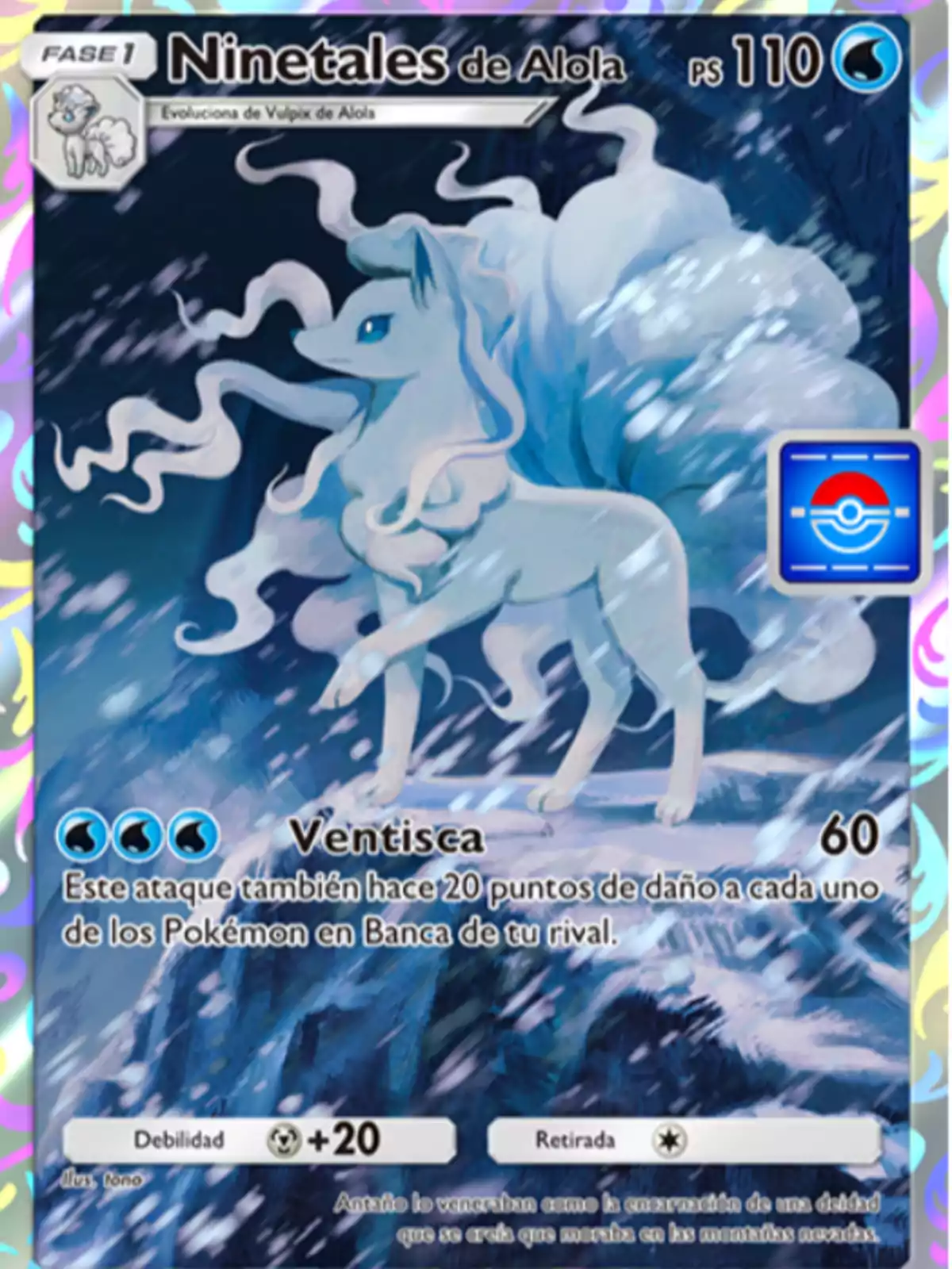 Alolan Ninetales Pokémon card with 110 health points, water type, with an attack called Blizzard that deals 60 damage and 20 additional points to the opponent's benched Pokémon, has a weakness to metal type with a damage increase of +20, and a retreat cost of one colorless energy, the illustration shows Alolan Ninetales in a snowy setting. Alolan Ninetales Pokémon card with 110 health points, water type, with an attack called Blizzard that deals 60 damage and 20 additional points to the opponent's benched Pokémon, has a weakness to metal type with a damage increase of +20, and a retreat cost of one colorless energy, the illustration shows Alolan Ninetales in a snowy setting.