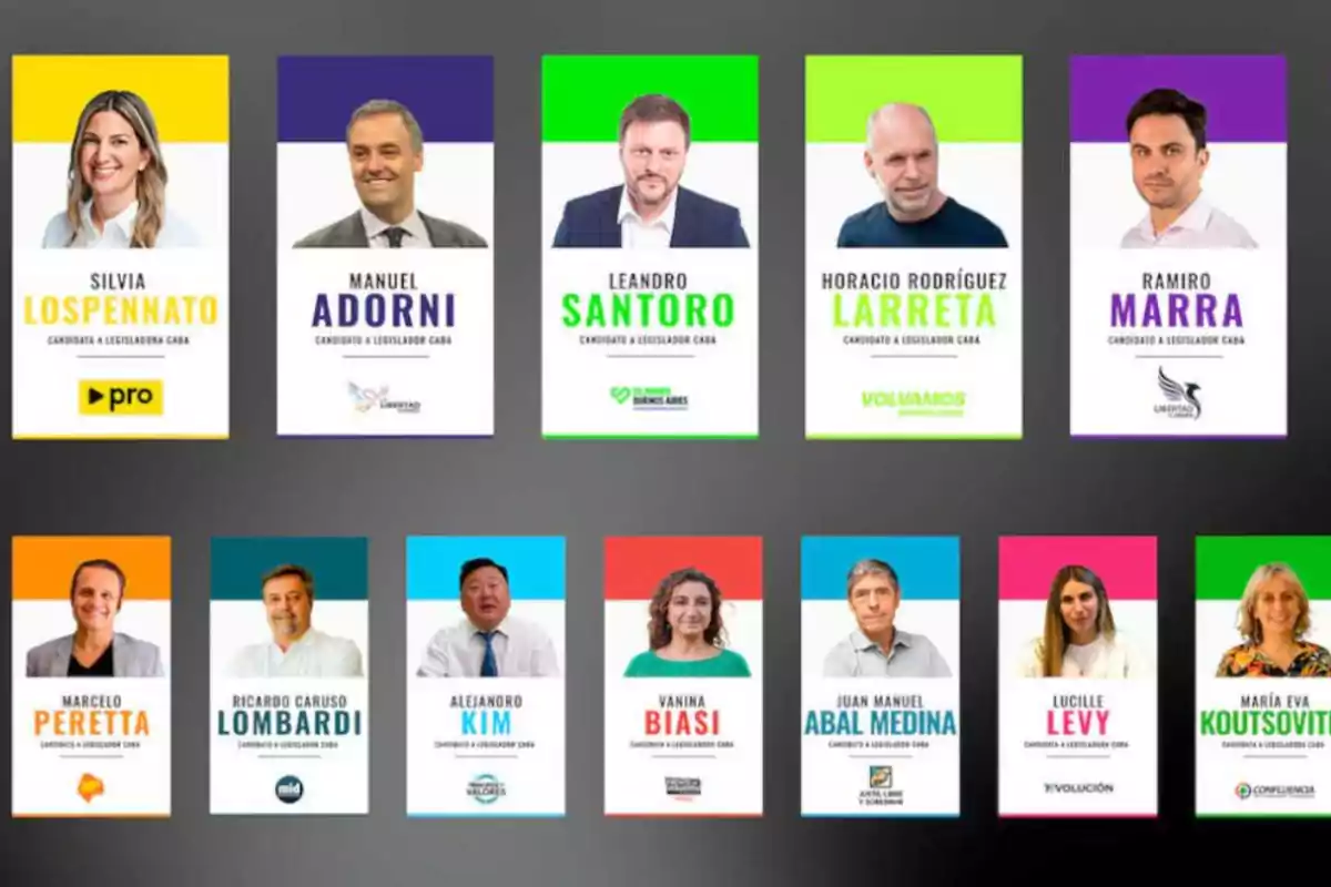 Una imagen que muestra a varios candidatos políticos con sus nombres y partidos en tarjetas de colores diferentes. Una imagen que muestra a varios candidatos políticos con sus nombres y partidos en tarjetas de colores diferentes.