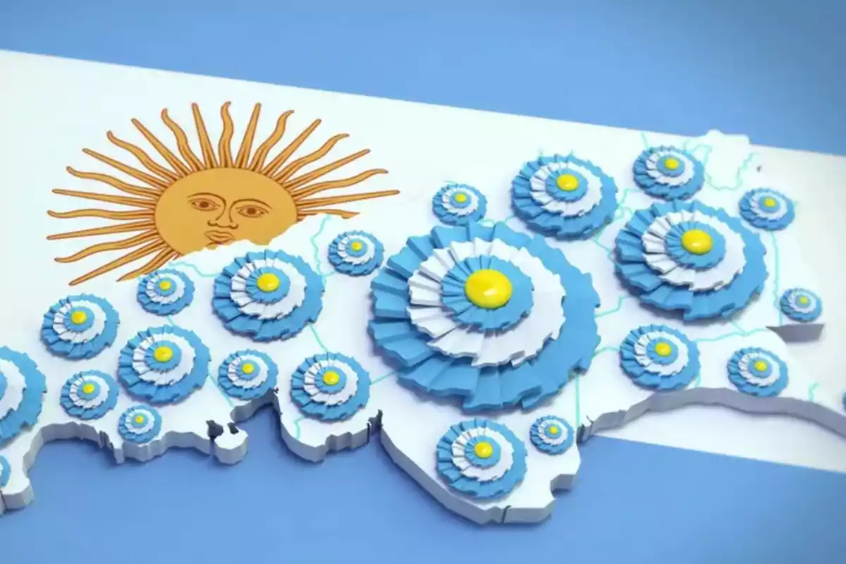 Map of Argentina with blue and white cockades over the national flag with the sun in the background.