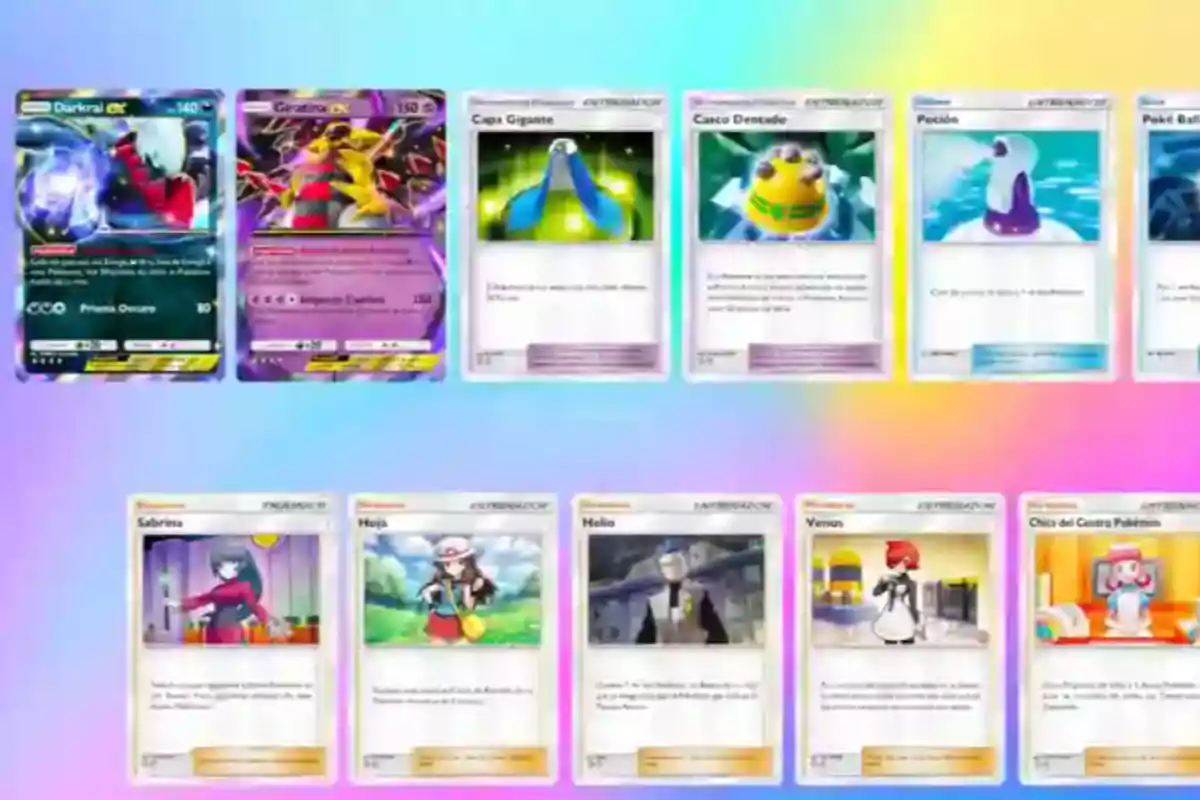 A collection of Pokémon cards with a brightly colored background, featuring different characters and items from the game. A collection of Pokémon cards with a brightly colored background, featuring different characters and items from the game.